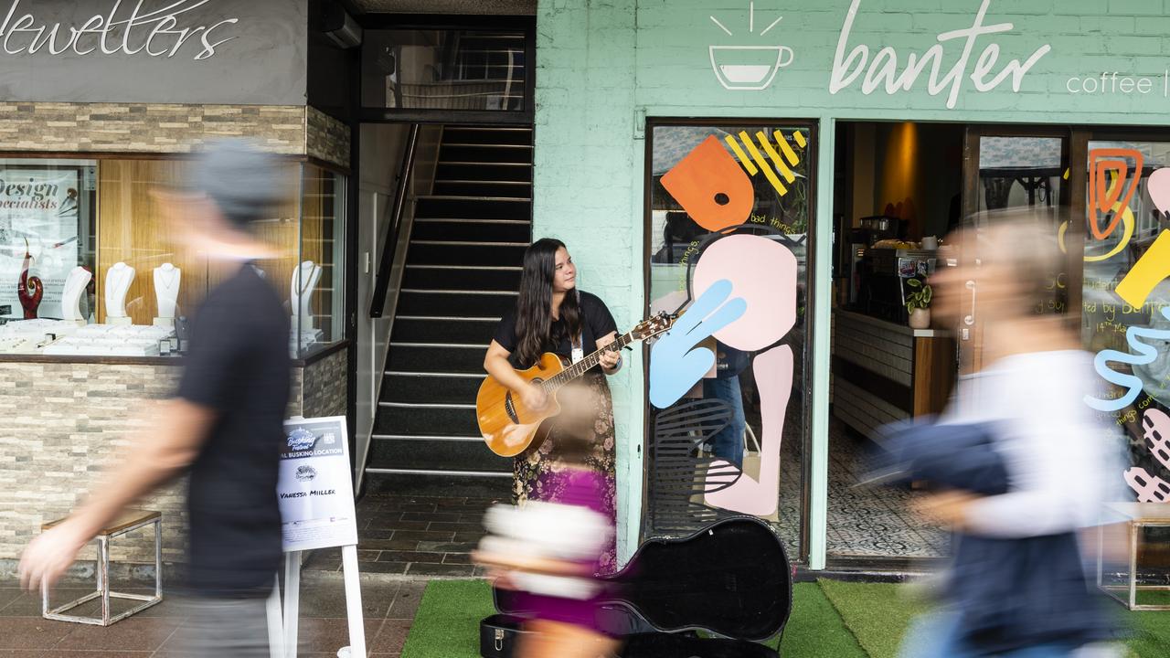 Vanessa Miller performs as part of the Toowoomba Busking Festival, Saturday, April 30, 2022. Picture: Kevin Farmer