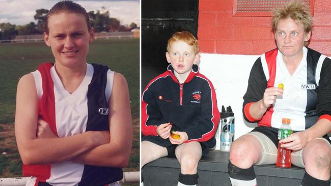 Belinda Bowey pictured in her younger days at the St Kilda Sharks (left) and then later in her career with nephew and current Melbourne Demon, Jake Bowey (right). Picture: Supplied.