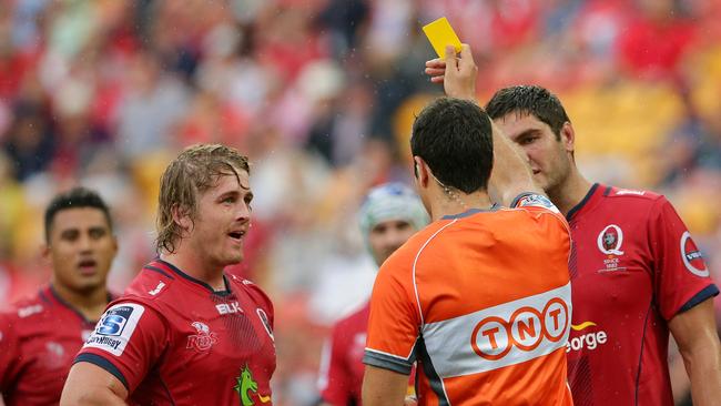 Reds Andrew Ready gets a yellow card. The Queensland Reds vs the New South Wales Waratahs at Suncorp Stadium. Pic Peter Wallis