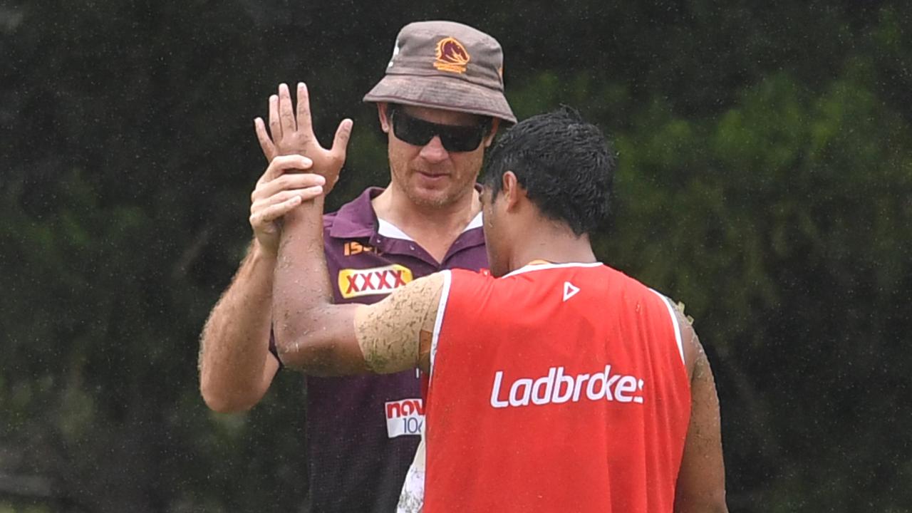 Anthony Milford is checked out by a trainer during a Brisbane Broncos pre-season training session. Picture: AAP 