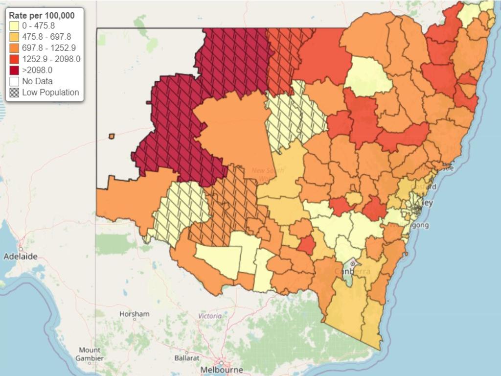 A heat map of NSW showing child/juvenile sex offences from July 2021 to June 2022. The darker areas show higher cases of reported abuse, proving rural areas face far higher rates. Picture: NSW BOCSAR