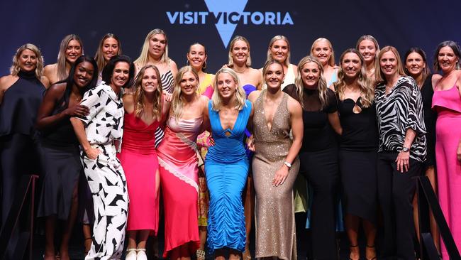 MELBOURNE, AUSTRALIA - NOVEMBER 25: The 2023 World Cup Diamonds and staff pose for a photo during the 2023 Australian Netball Awards at The Forum on November 25, 2023 in Melbourne, Australia. (Photo by Graham Denholm/Getty Images)