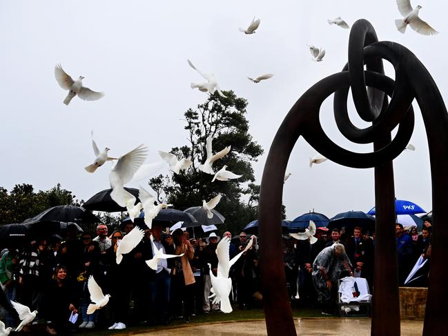 Eighty-eight doves were released at the Dolphin Point memorial site. Picture: NCA NewsWire / Jeremy Piper