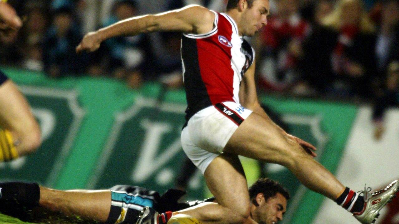 17/09/2004. So close: Saint Brent Guerra has the chance to level the scores late in Friday night's thriller, but misses the ball. St Kilda v Port Adelaide at AAMI Stadium. 2004 preliminary final.