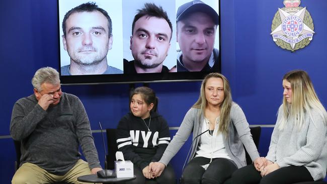 Mr Pantic’s father Jovan, daughter Maya, sister Bozina and daughter Klara desperately seek answers at a press conference on June 18, 2019. Picture: David Crosling