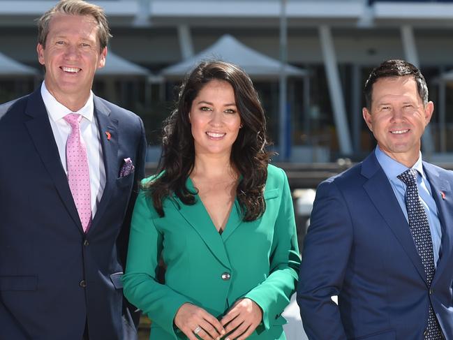 Channel 7 cricket commentator team in Melbourne: Tim Paine, Glenn McGrath, Mel McLaughlin, Ricky Ponting. Picture: Tony Gough