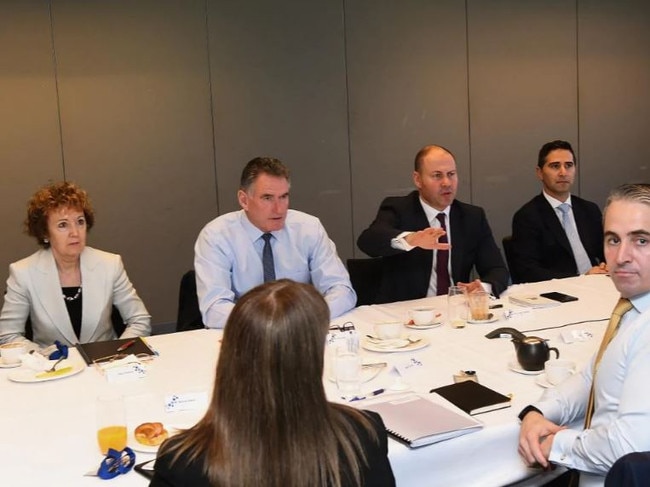 Commonwealth Bank of Australia CEO Matt Comyn (fourth from right) alongside Anna Bligh, the CEO of Australian Banking Association (second from right) during a meeting with Australian Federal Treasurer Josh Frydenberg (centre) and other banking executives in Sydney on Wednesday. Picture: AAP