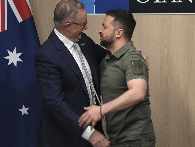 12-07-2023 - Prime Minister Anthony Albanese meets with President of Ukraine, Volodymyr Zelensky at the NATO Summit in Vilnius, Lithuania. Picture: Jacquelin Magnay / The Australian