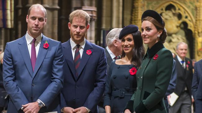 Prince William, Catherine, Prince Harry and Meghan attend a service marking the centenary of WW1 armistice at Westminster Abbey on November 11, 2018. Picture: Getty