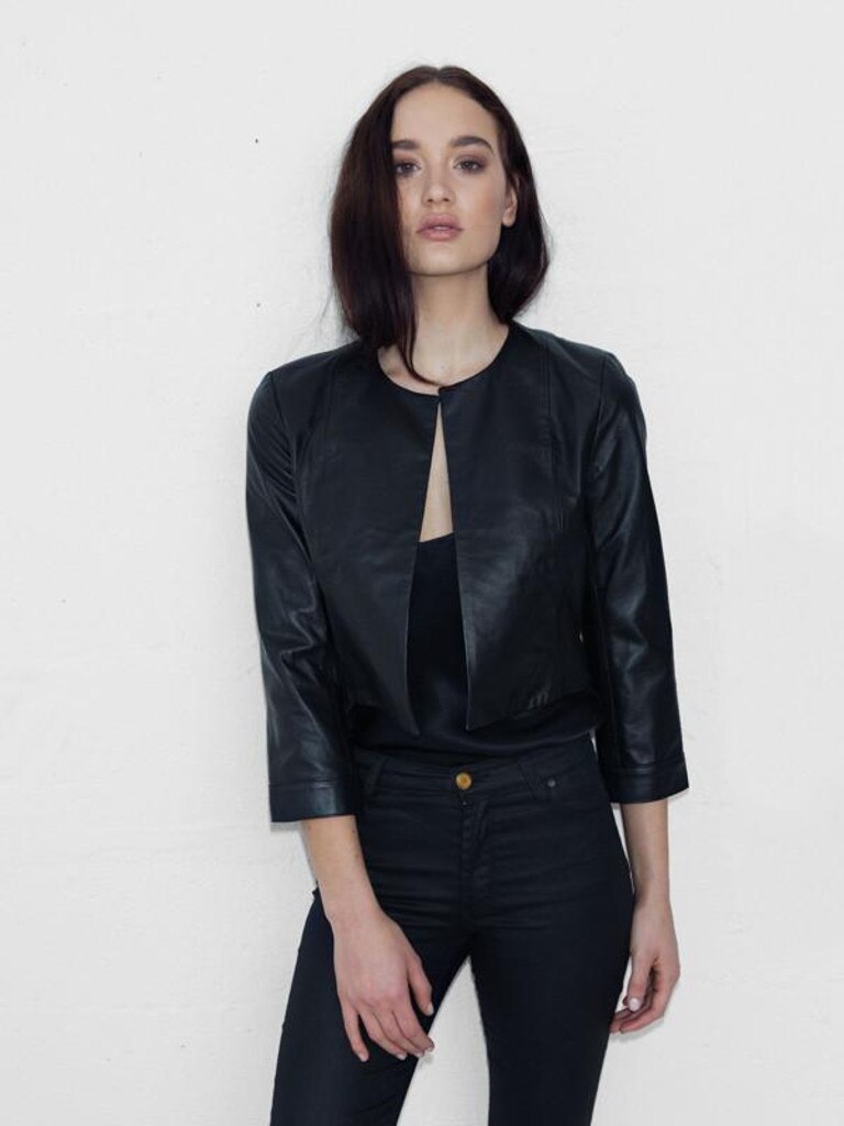 cropped collarless leather jacket