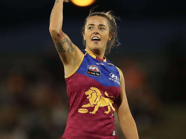 SYDNEY, AUSTRALIA - MARCH 16:  Jessica Wuetschner of the Lions celebrates scoring a goal during the round seven AFLW match between the Greater Western Sydney Giants and the Brisbane Lions at Blacktown International Sportspark on March 16, 2018 in Sydney, Australia.  (Photo by Mark Metcalfe/Getty Images)