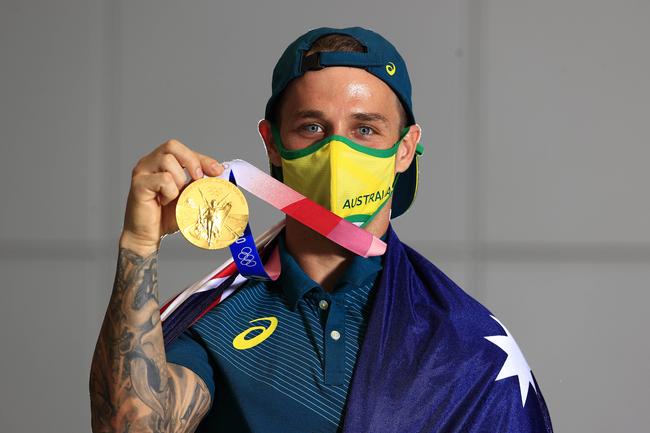Australian Freestyle BMX rider Logan Martin shows off his Gold medal at a press conference at the MPC. Pics Adam Head