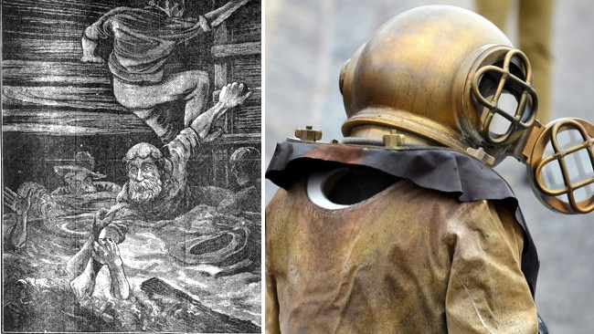 An etching depicting the Creswick mine flood disaster of 1882 (Picture: State Library of Victoria) and a diving suit on display at Sovereign Hill depicting those worn by rescuers at Creswick (Picture: Chris Fithall).