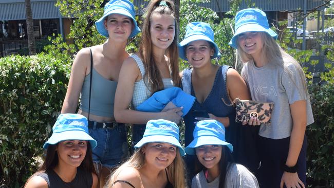 (Back, from left) Lauren Di Giacomo, Alyssa Davies, Molly Conn, Faith Sale, (front) Ella Harrison, Sarah Lewis and Belinda Sims celebrate Schoolies in Airlie Beach in 2019. Photo: Monique Preston