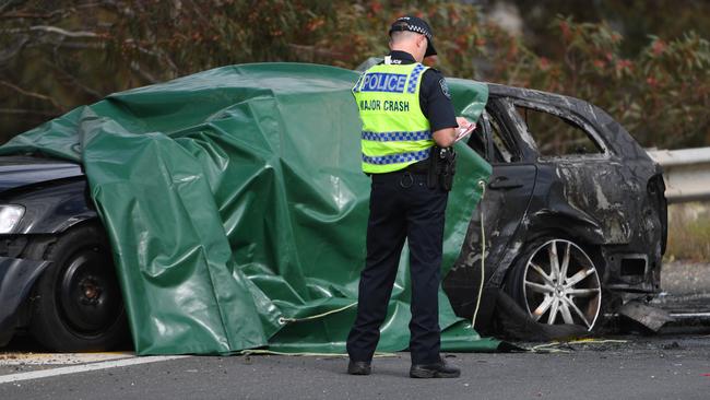 Police at the scene of a serious two car crash just on the Sturt Highway at Gawler Belt in 2019. The highway, which links Adelaide to the Riverland, is rated the second most dangerous road in the state, having 40 fatal crashes since the start of 2018. Picture: Tracey Nearmy