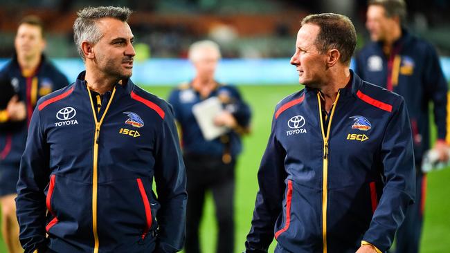 Adelaide Crows assistant coach Scott Camporeale and coach Don Pyke. Picture: Getty Images