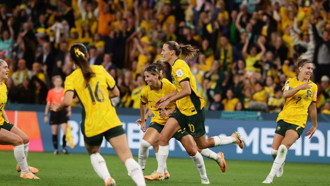 Australia celebrates after Emily van Egmond scores the first goal during the FIFA Women’s World Cup group stage match between Australia and Nigeria at Brisbane Stadium. Picture Lachie Millard