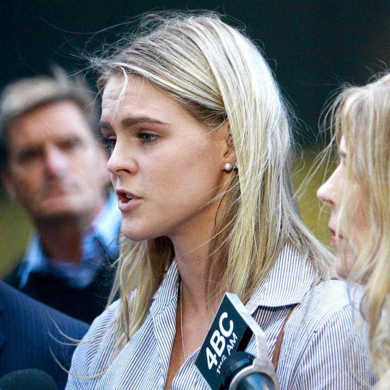 Shayna Jack (C) speaks to the media after a hearing in Brisbane with the Australian Sports Anti-Doping Agency (ASADA). Picture: Tertius Pickard/AFP