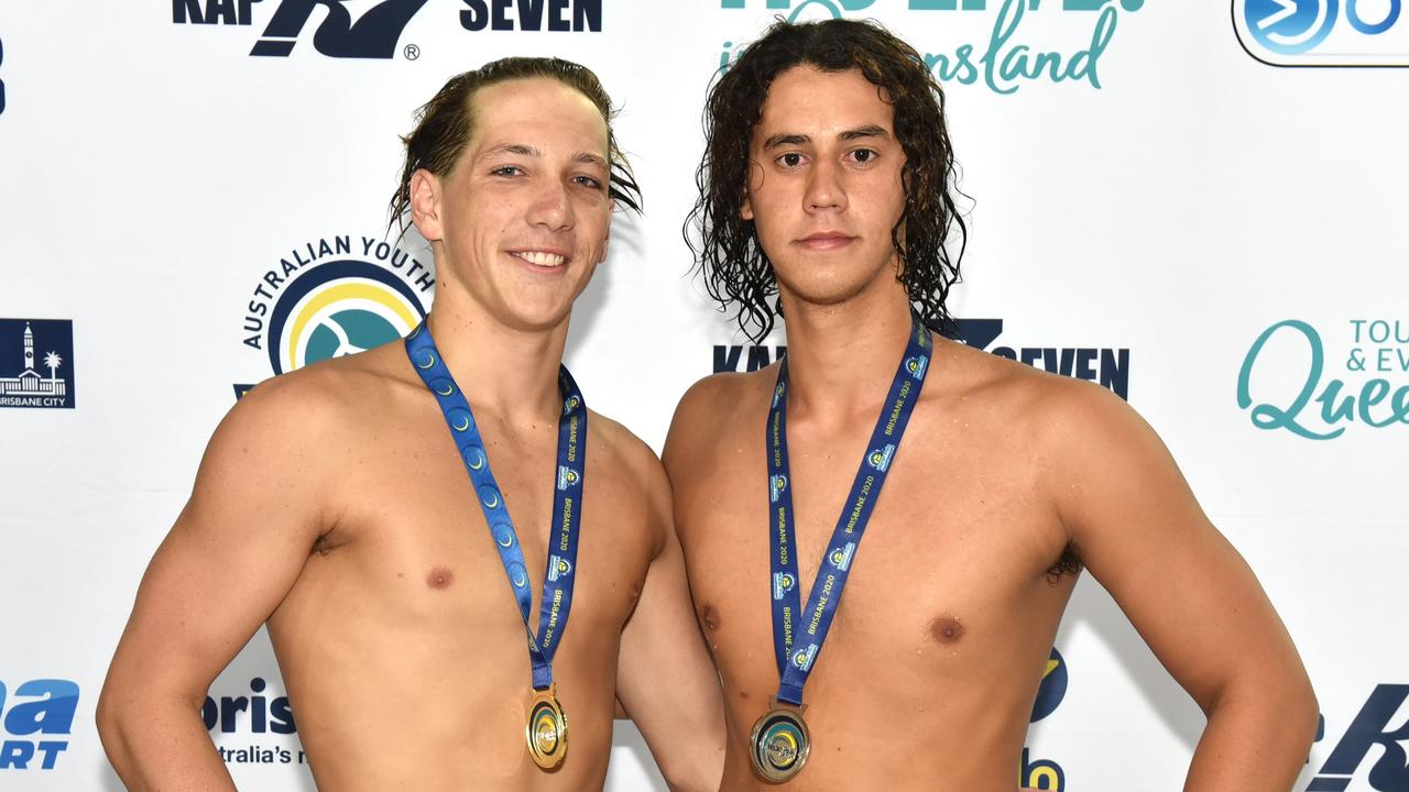 Joel Smith, left, with fellow Australian U20s teammate Noah Bright after the U18s Australian Youth Water Polo championships.