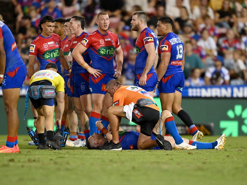 Jackson Hastings receives treatment for an injury suffered against the Dolphins. Picture NRL Photos