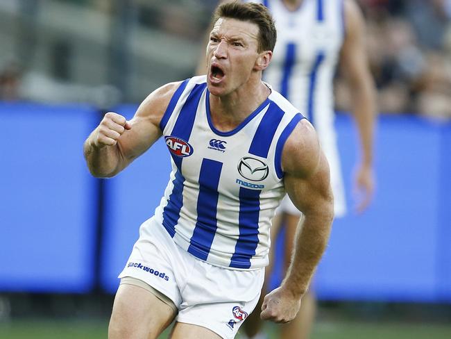 Brent Harvey celebrates a goal during last year’s elimination final win over Richmond. Picture: Michael Klein