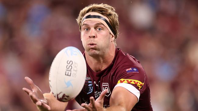 TOWNSVILLE, AUSTRALIA - JUNE 09:  Christian Welch of the Maroons catches the ball during game one of the 2021 State of Origin series between the New South Wales Blues and the Queensland Maroons at Queensland Country Bank Stadium on June 09, 2021 in Townsville, Australia. (Photo by Mark Kolbe/Getty Images)