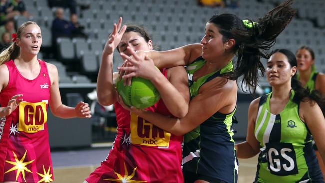 Action from the QGSSSA netball match between Somerville House and Moreton Bay College. Picture: Tertius Pickard