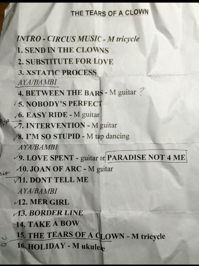 The Tears of a Clown setlist. Picture: Trent Titmarsh