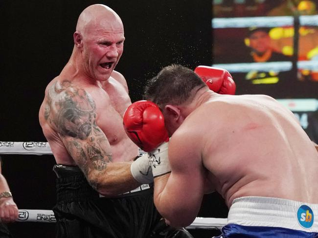 Paul Gallen and Barry Hall compete during the Code War Boxing night at Margaret Court Arena in Melbourne, Friday, November 15, 2019. (AAP Image/Michael Dodge) NO ARCHIVING, EDITORIAL USE ONLY