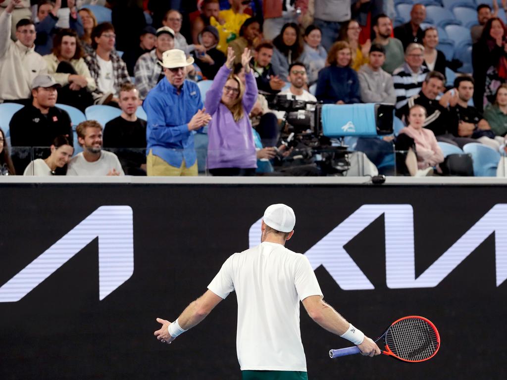 Andy Murray hypes the crowd late in the night. Picture: Kelly Defina/Getty Images