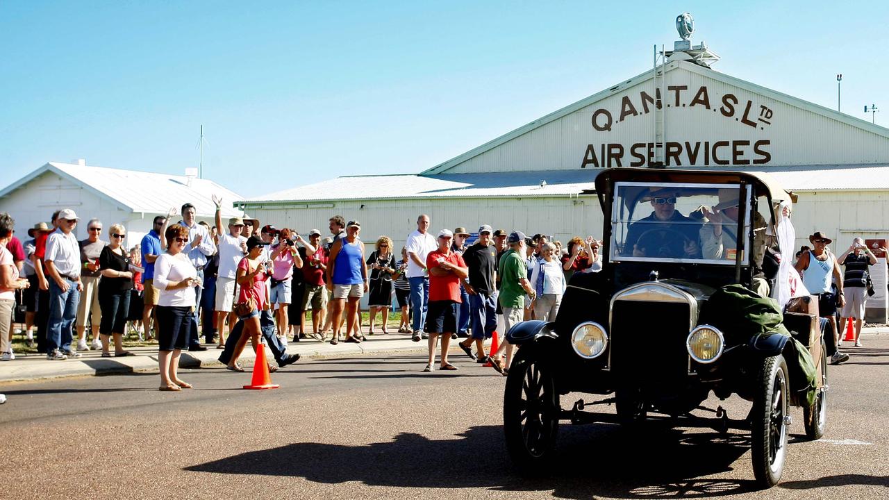 Model T Ford outside the Qantas Founders Museum, leaving Longreach, as they re-enact Hudson Fysh and Paul McGinness trip in 1919 from Longreach to Darwin in a Model T Ford.
