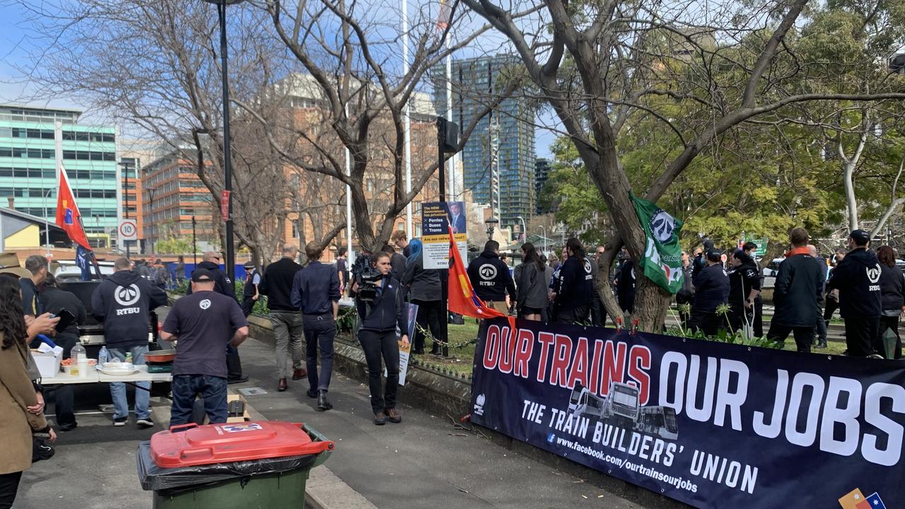 RTBU members enjoy a BBQ at Central Station as Sydney trains strike. Picture: William Tyson