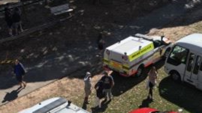 An ambulance outside Brookvale Oval, which was there to attend to players involved in a brawl.
