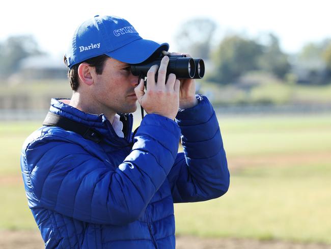 Trainer James Cummings watches trackwork at Godolphin’s Osborne Park facility at Agnes Banks. Picture: Rohan Kelly