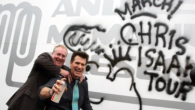 Andrew McManus with Chris Isaak, who took a can of paint to the outside wall of the Andrew McManus Presents marquee on Emirates Stakes Day during the 2008 Melbourne Cup Carnival. Picture: Kristian Dowling, Getty Images