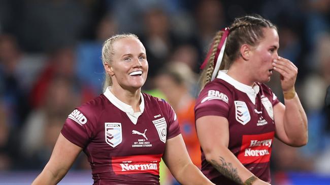 SYDNEY, AUSTRALIA - JUNE 01: Emily Bass of the Maroons smiles as celebrates scoring a try during game one of the Women's State of Origin series between New South Wales and Queensland at CommBank Stadium on June 01, 2023 in Sydney, Australia. (Photo by Mark Kolbe/Getty Images)