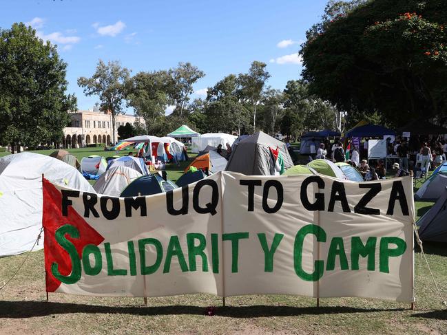 Pro-Palestinian protest camp, Great Court, UQ Campus, St. Lucia. Picture: Liam Kidston