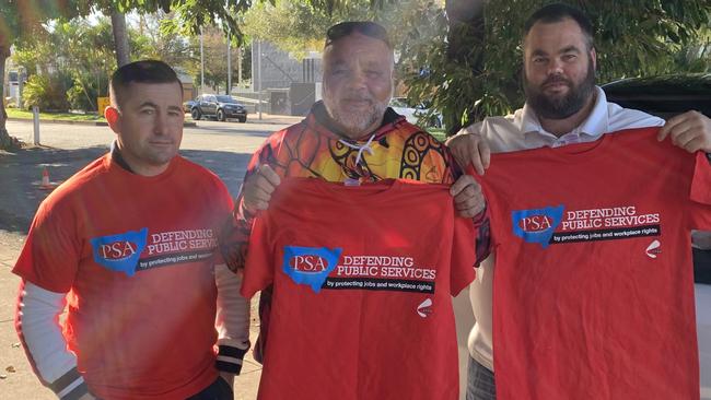 Matt Paget, Steve Beetson and Matt Beetson from the youth justice public sector rally for fair pay. Picture: Matt Gazy