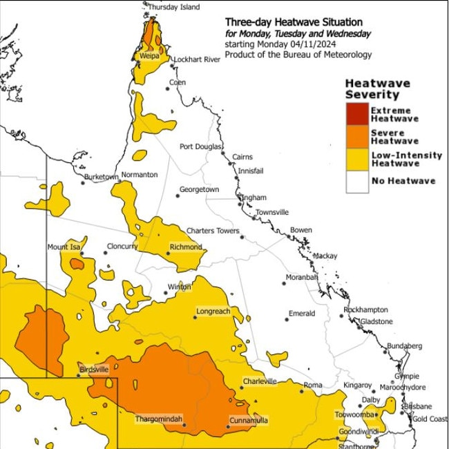 Much of southwest and southern Queensland will experience severe heatwave conditions from Wednesday. Picture: BOM