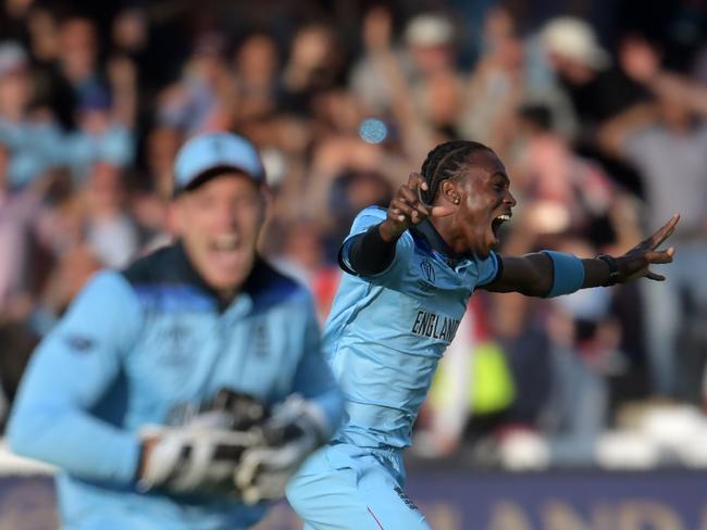 England's Jofra Archer celebrates with teammate Jos Buttler after victory in the 2019 Cricket World Cup final between England and New Zealand. Picture: AFP