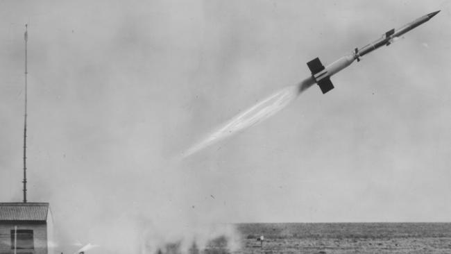 A rocket launched at Woomera Rocket Range in the 1950s.