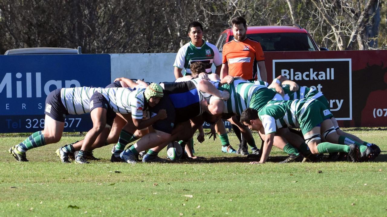 The Ipswich Rangers and Brisbane Irish packs muscle up in their Barber Cup rugby match at Woodend Park. Picture: Gary Reid