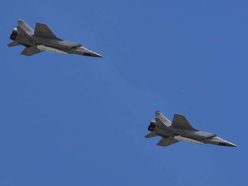 MiG-31 supersonic interceptor jets carrying hypersonic Kinzhal (Dagger) missiles, used in Ukraine first on March 18, 2022, and unleashed in its first barrage a year later. Picture: AFP