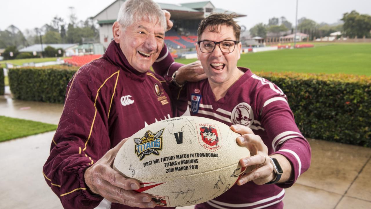 Rugby league legend John McDonald aka Cracker McDonald with son Geoff McDonald. Picture: Kevin Farmer