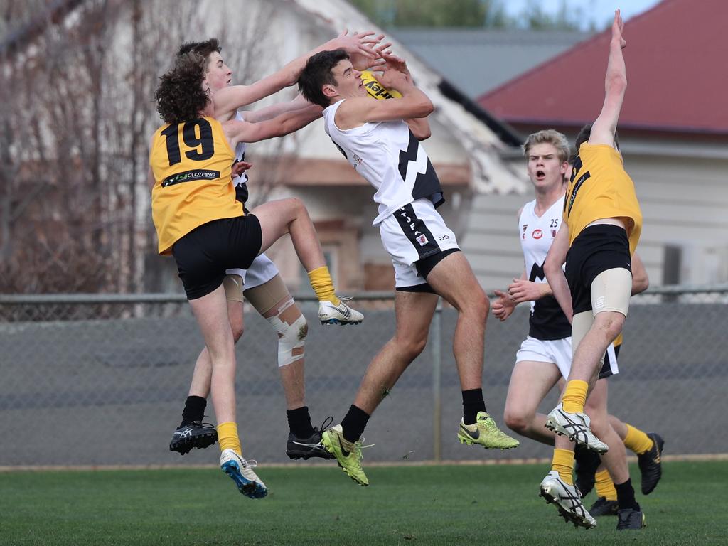 Under 16 Boys STJFL vs. NTJFA match, North Hobart Oval: Action between representative teams from each end of the state at North Hobart Oval. Picture: LUKE BOWDEN