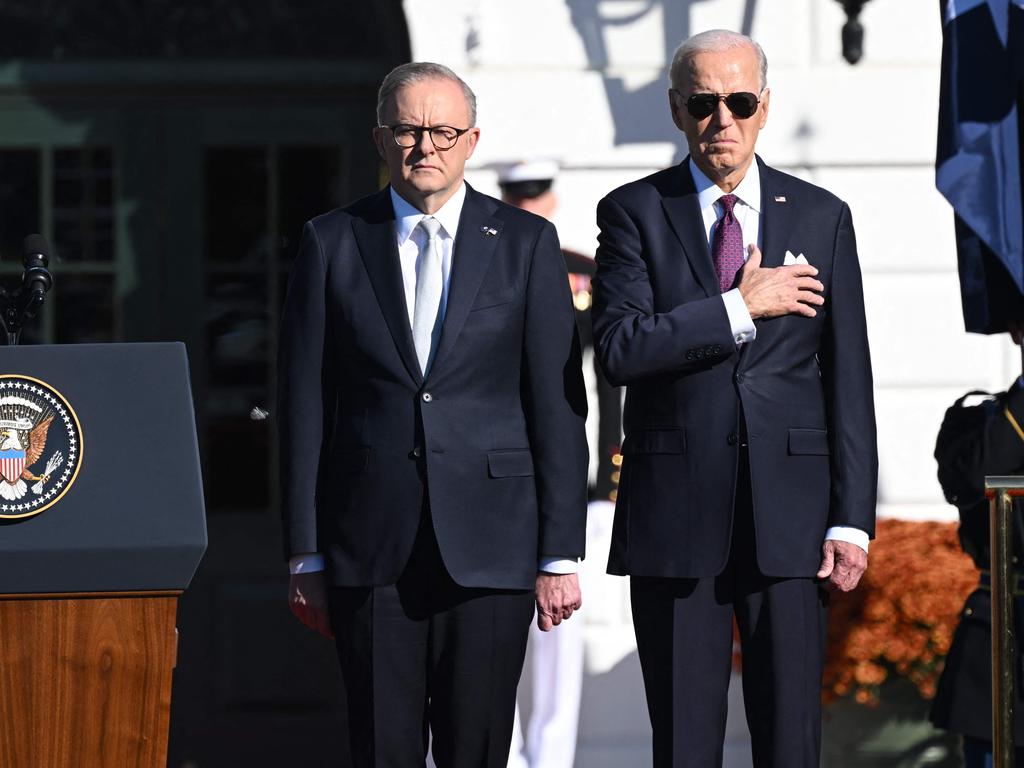 US President Joe Biden with Prime Minister Anthony Albanese during an official arrival ceremony at the South Lawn of the White House in Washington, DC on October 25, 2023. Picture: SAUL LOEB / AFP