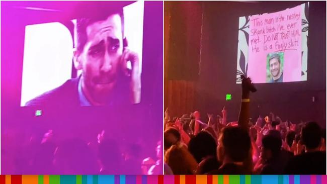 Swift fans dance to 'We're Never Getting Back Together' while Jake Gyllenhaal cries on a big screen. Image: TikTok / @_toxicnoodle