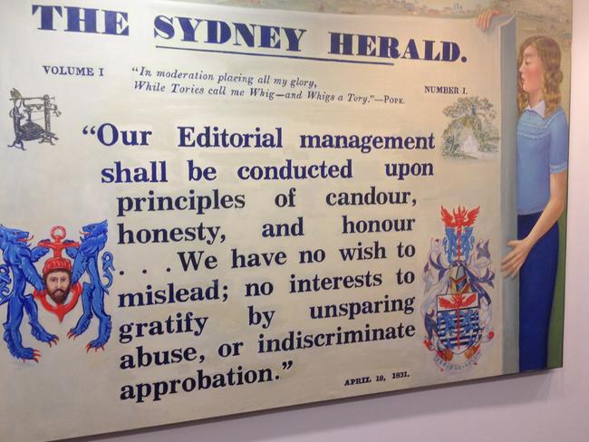 A mural at the <i>Sydney Morning Herald</i>’s headquaters depicts 1831 editorial principles