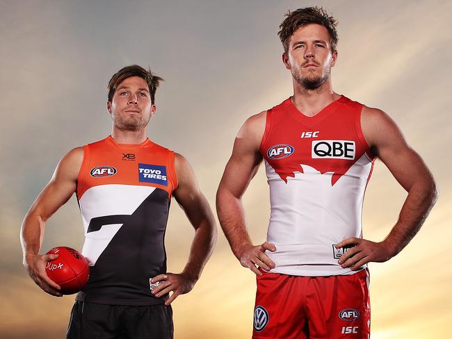 Toby Greene of the GWS Giants and Sydney Swans player Luke Parker ahead of this weeks Elimination Final between the two sides in Sydney. Picture. Phil Hillyard