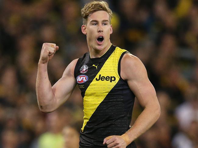 AFL Round 6. 24/04/2019. Richmond v Melbourne at the MCG.  Richmonds Tom Lynch  celebrates a goal in the 1st quarter     . Pic: Michael Klein.